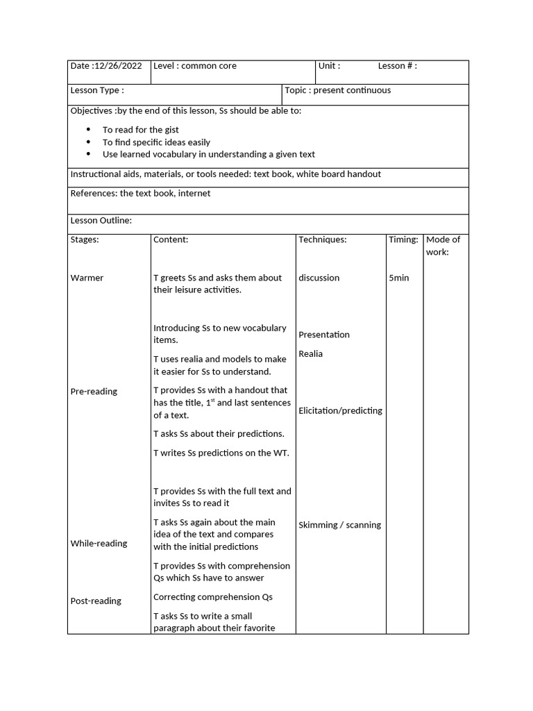 Lesson Plan Table | PDF