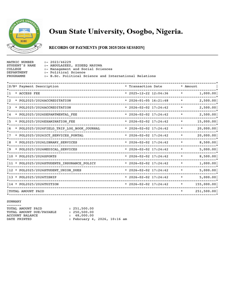 300 Level Payment Receipt | PDF | Accounting | Payments