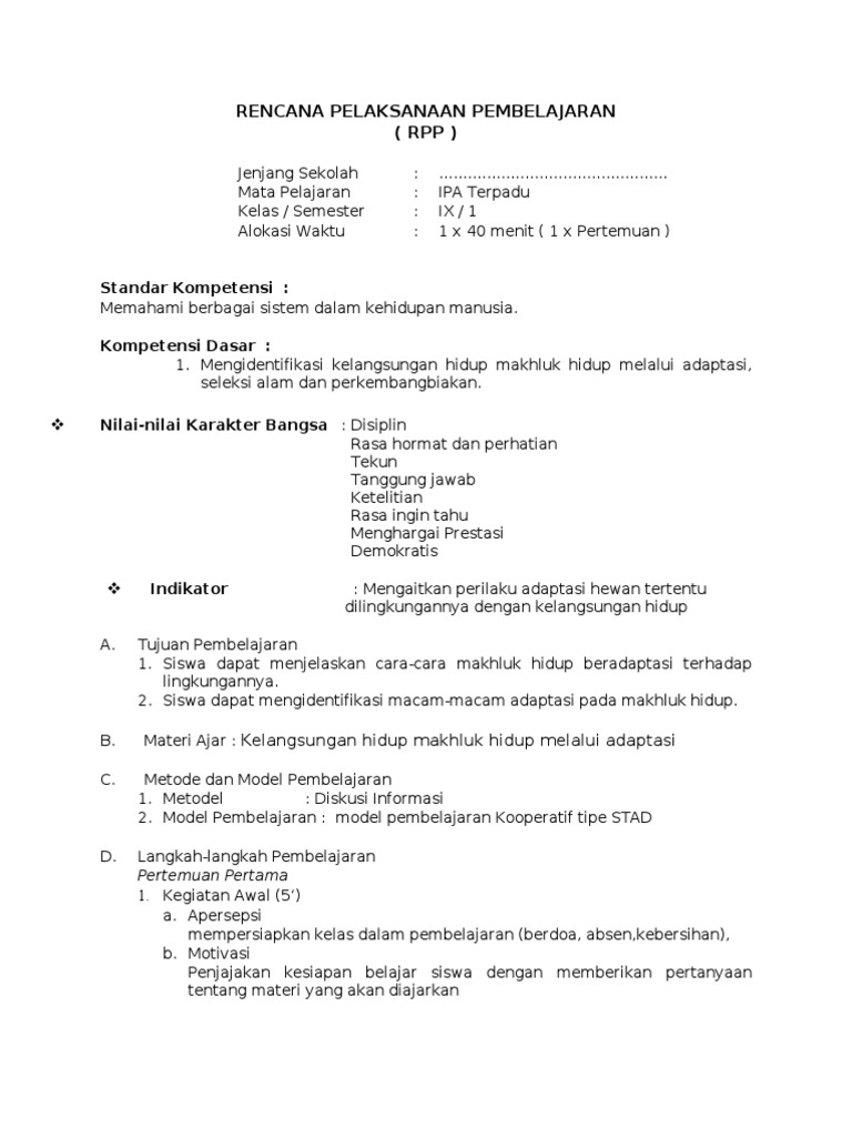 RPP IPA-Biologi Materi Adaptasi (Model STAD)