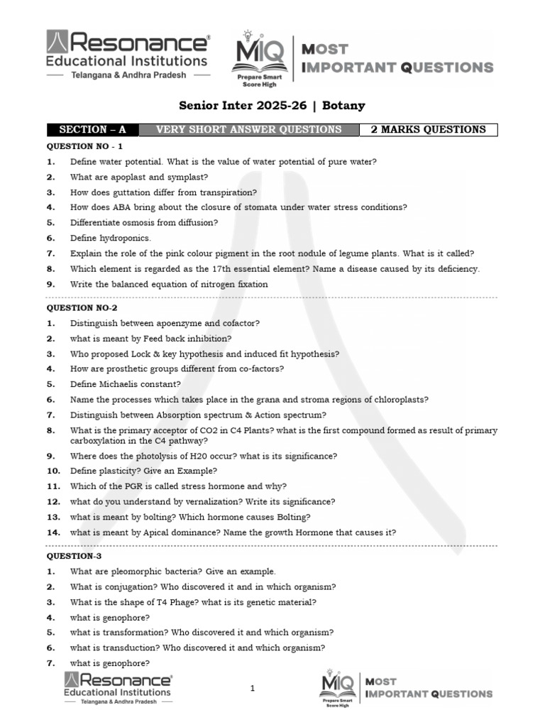 SR Botany - Ipe Important Questions (2025-26) | PDF | Genetics | Dna