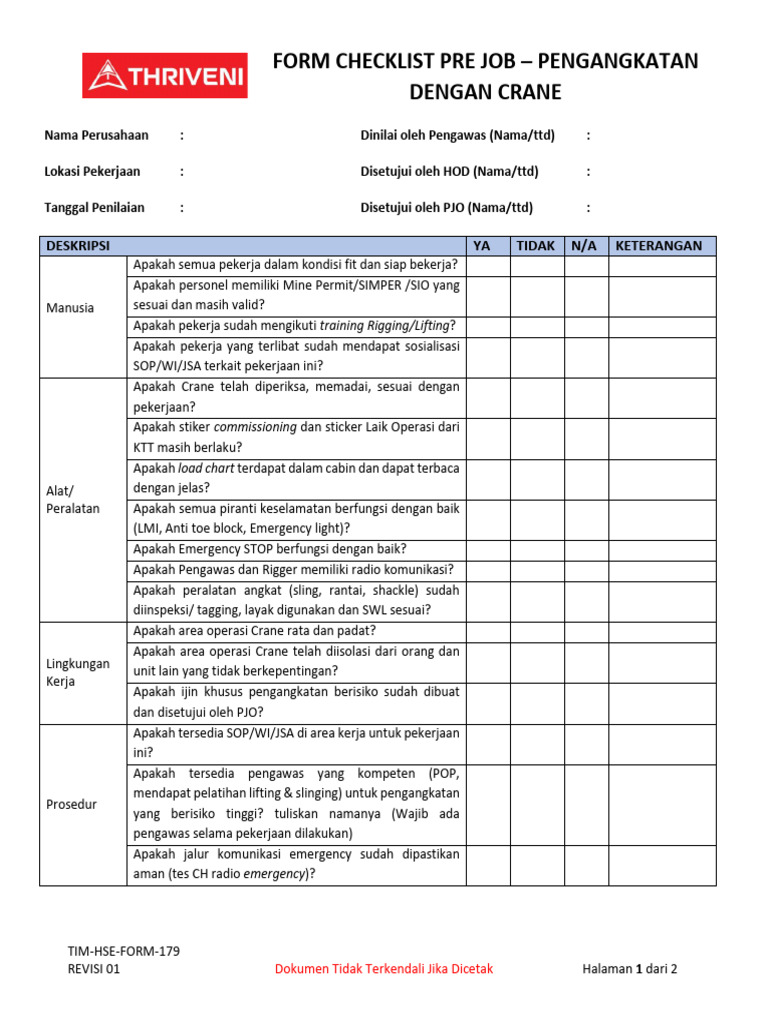 TIM-HSE-ForM-179 Form Checklist Pre Job - Pengangkatan Dengan Crane | PDF