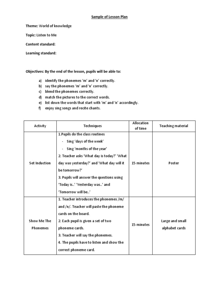 esl lesson plan assignment example