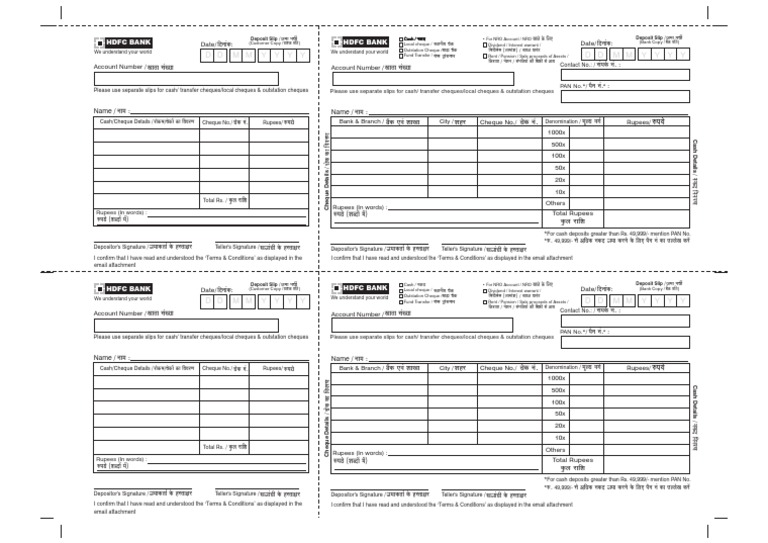 Hdfc Slip Blank Cheque Deposit Account