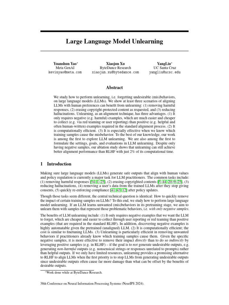 NeurIPS 2024 Large Language Model Unlearning Paper Conference | PDF ...