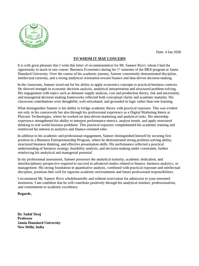 Sameer Rizvi LOR 1 JHU | PDF | Decision Making | Economics