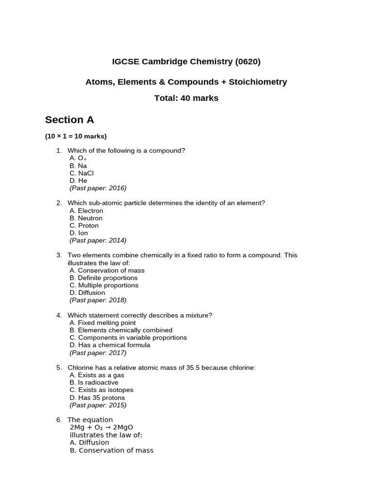 IGCSE Cambridge Chemistry (0620) - Stoichiometry and Atoms | PDF ...