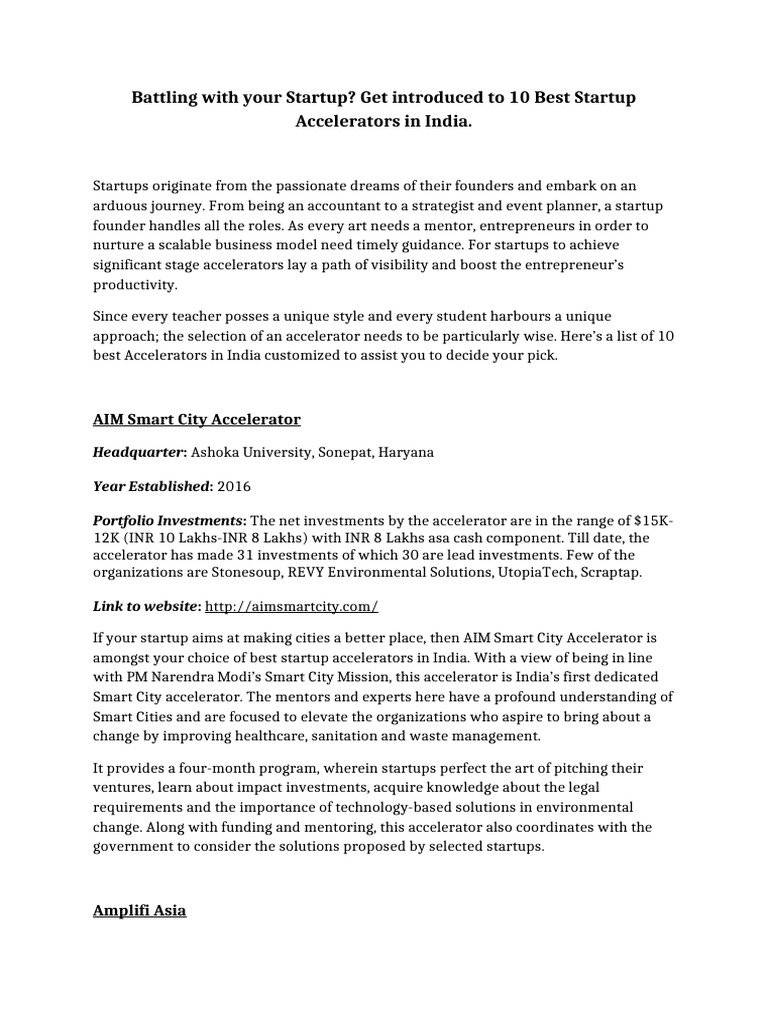 Best Startup Accelerators in India (Tulika Sinha) | PDF | Startup ...