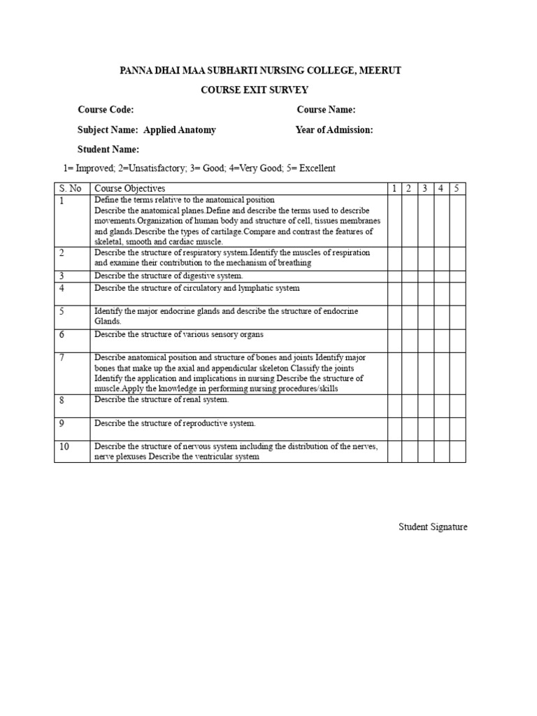 Course Exit Survey First Semester | PDF | Anatomy | Muscle