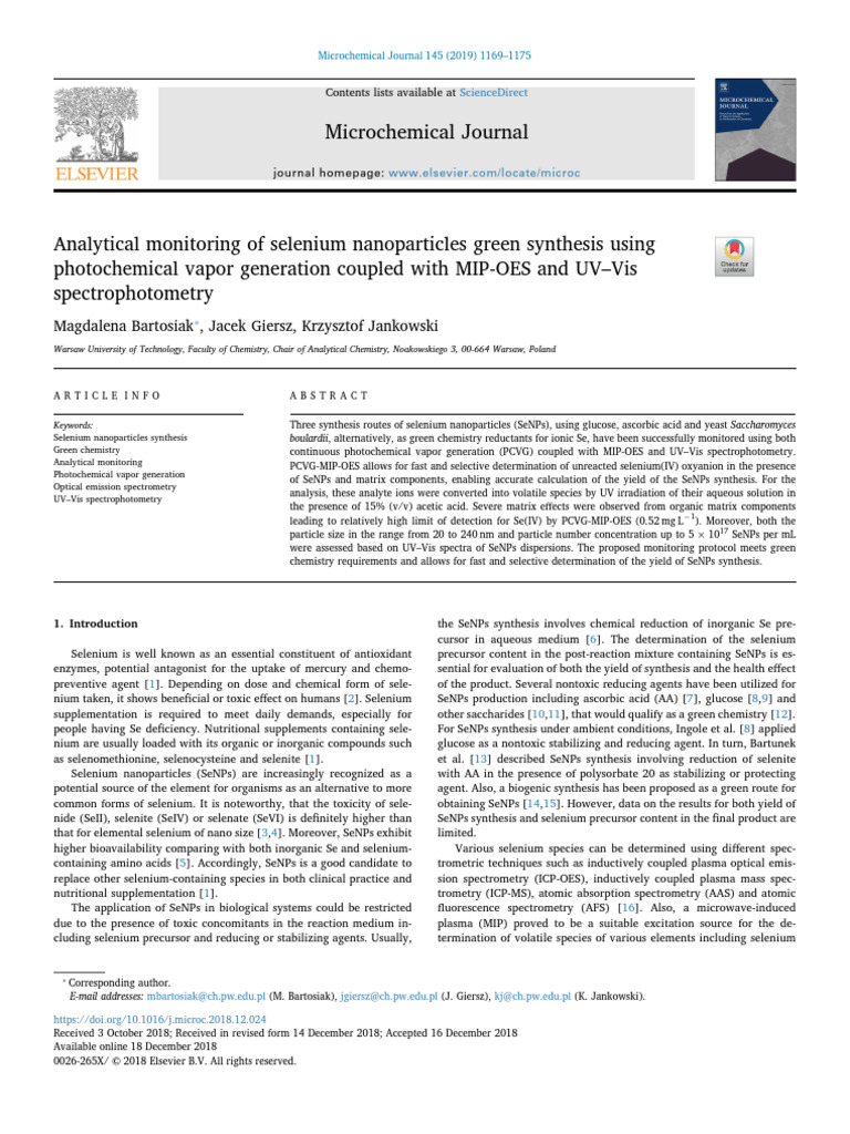 Analytical monitoring of selenium nanoparticles green synthesis using ...