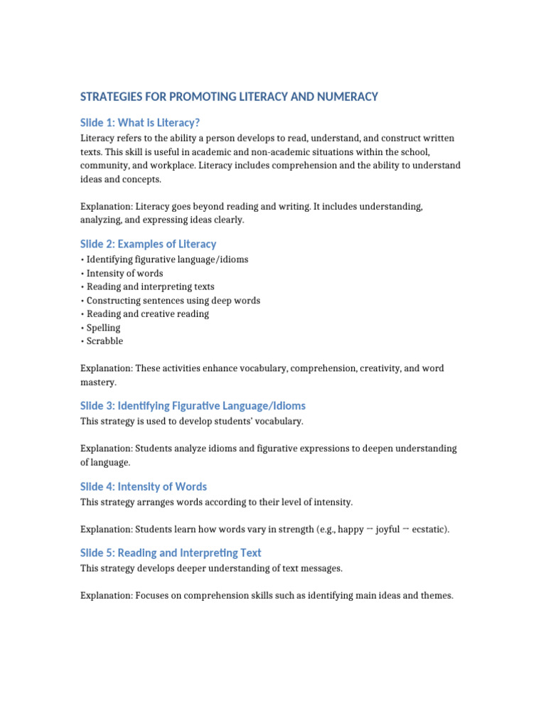 Strategies For Promoting Literacy and Numeracy English Version | PDF ...