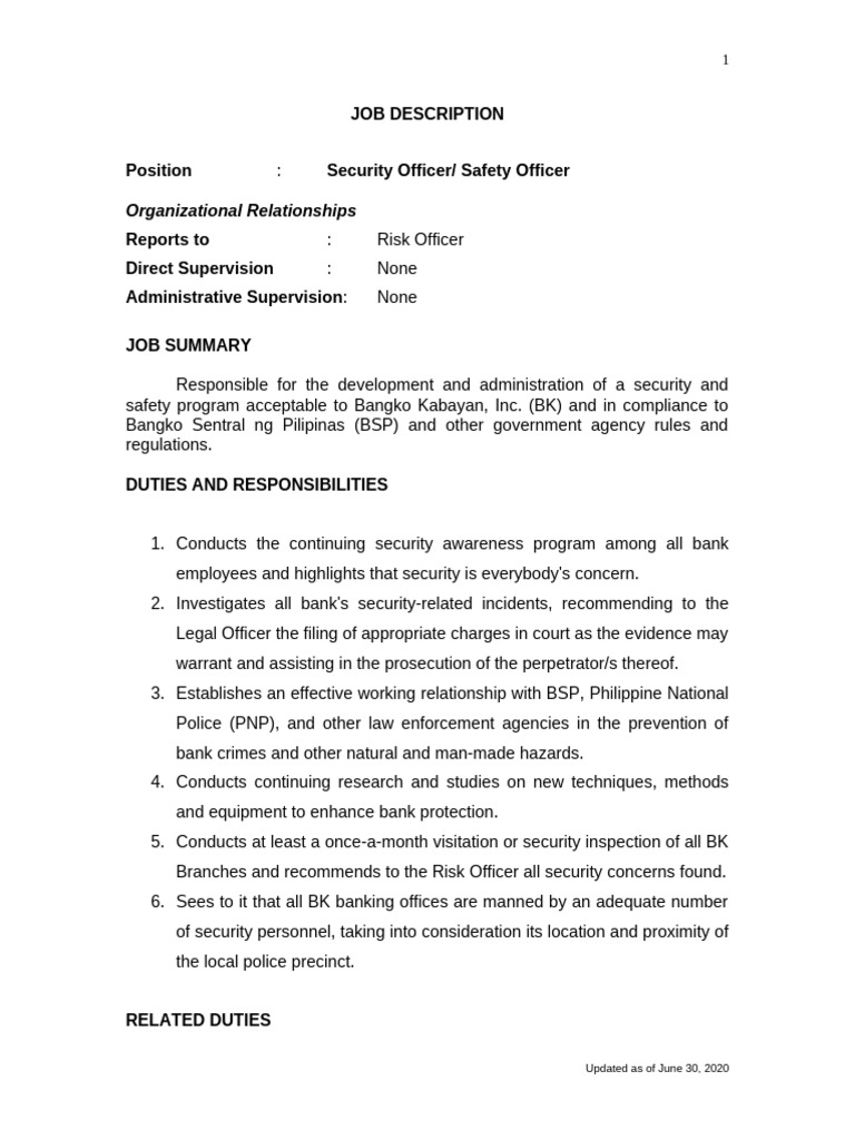 Security Officer 06302020 | PDF | Occupational Safety And Health | Safety
