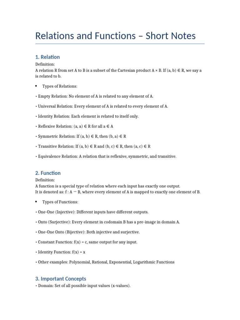 Relations and Functions Short Notes | PDF