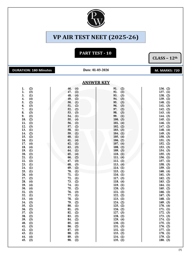 VP AIR Part Test-10_Class 12th_NEET (2025-26)_01!03!2026_Answer Key ...