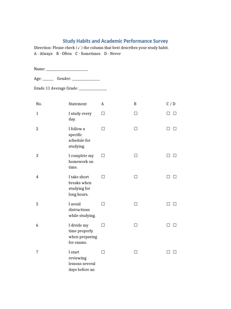Formatted Study Habits Survey Print Ready | PDF