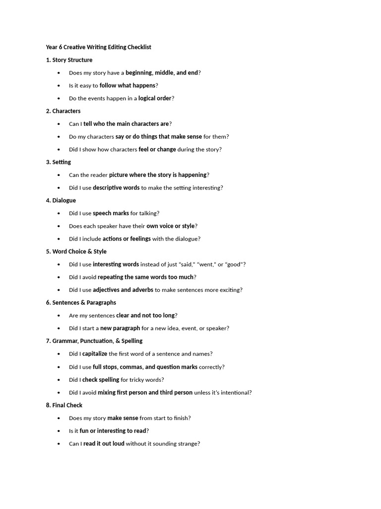 Year 6 Creative Writing Editing Checklist | PDF