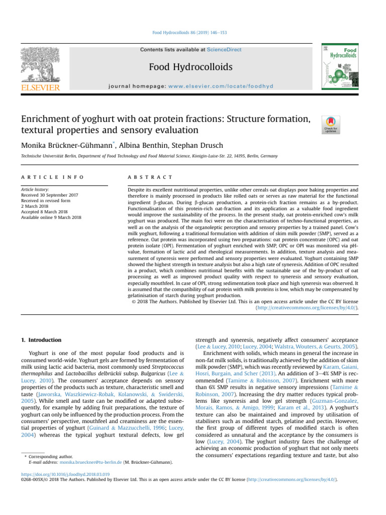 Enrichment of Yoghurt With Oat Protein Fractions | PDF | Yogurt | Milk