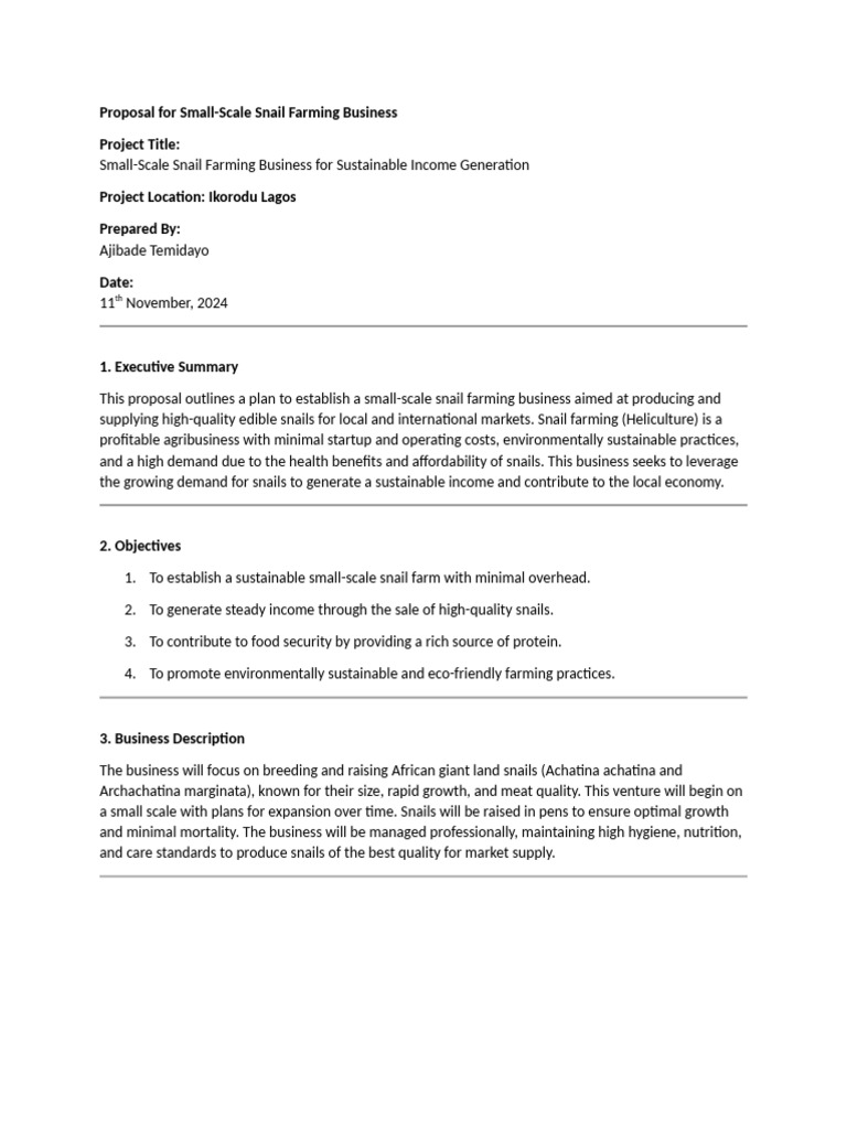 Proposal For Small Scale Snail Farming | PDF