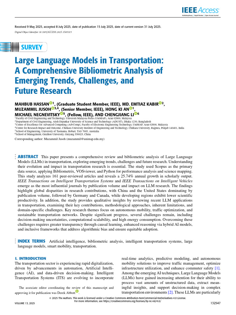 Large Language Models in Transportation a Comprehensive Bibliometric ...