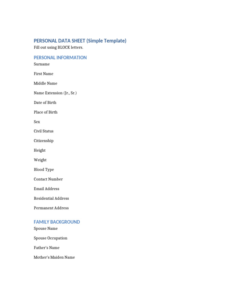 Personal Data Sheet Template | PDF