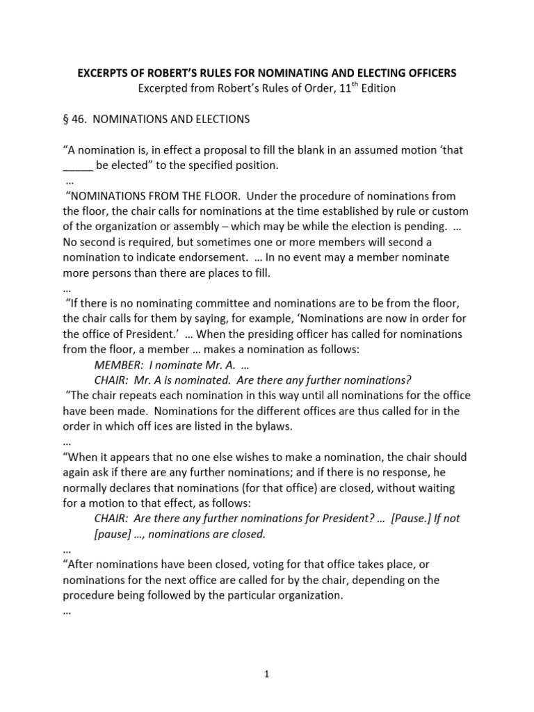 Roberts Rules For Nominating and Electing Officers | PDF | Elections ...