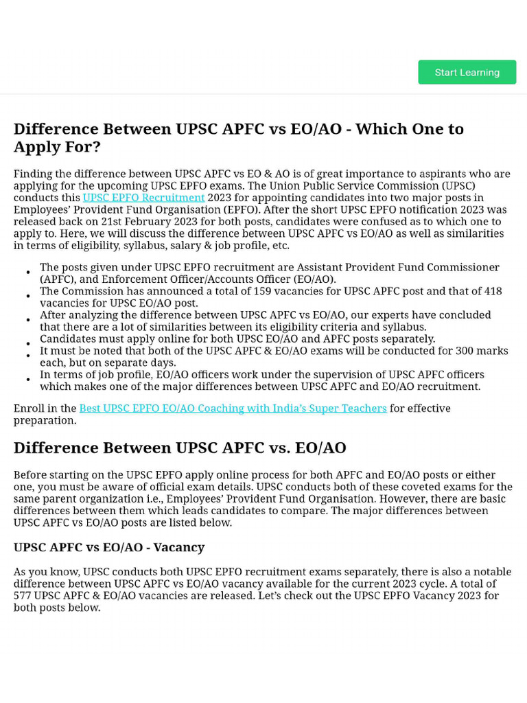 Difference Between UPSC APFC Vs EO - AO - Which One To Apply For | PDF