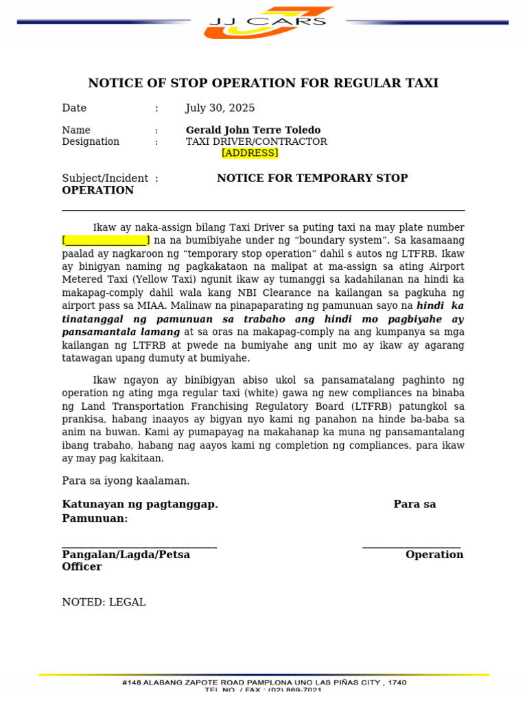 Notice of Temporary Stop Operation | PDF