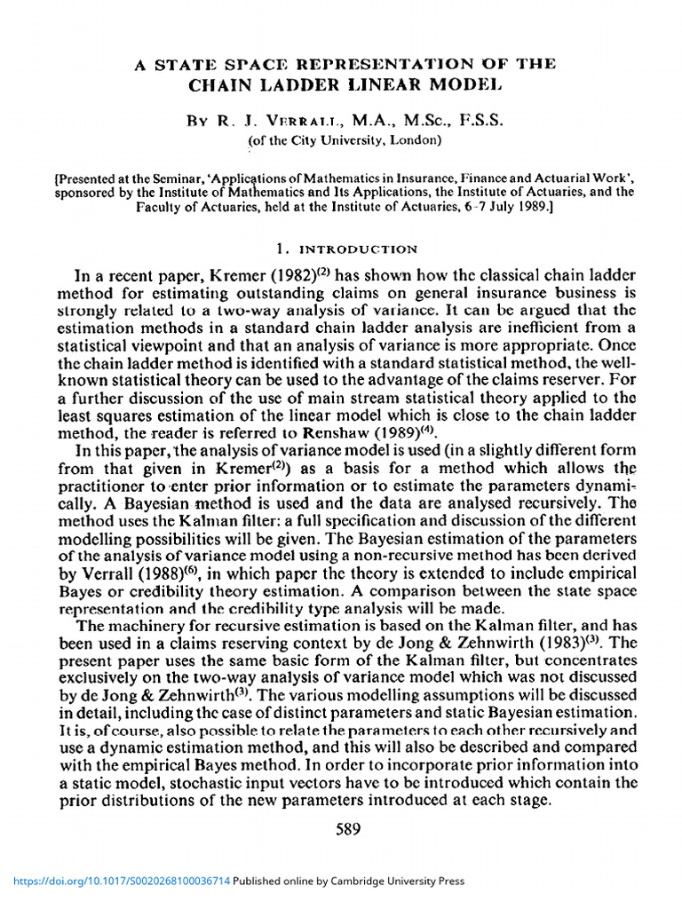 A State Space Representation of The Chain Ladder Linear Model | PDF ...