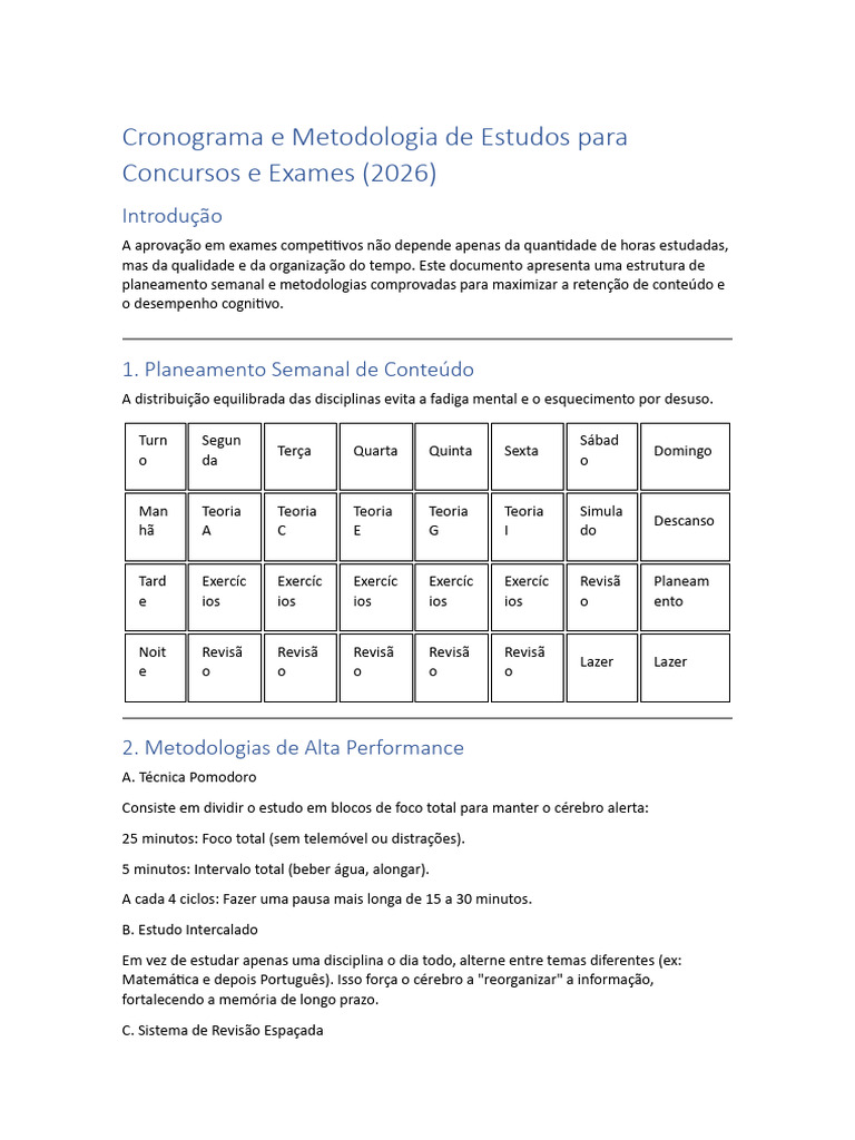 Cronograma e Metodologia de Estudos para Concursos e Exames | PDF