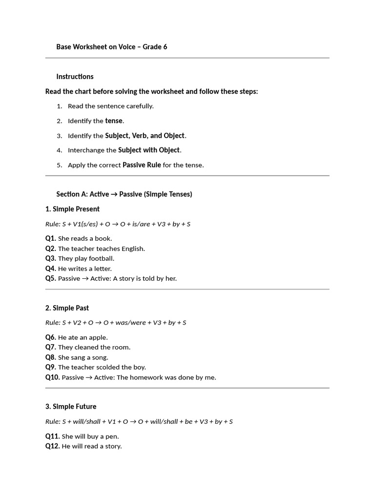 Voice - Base Worksheet - 6th | PDF | Linguistics | Syntax