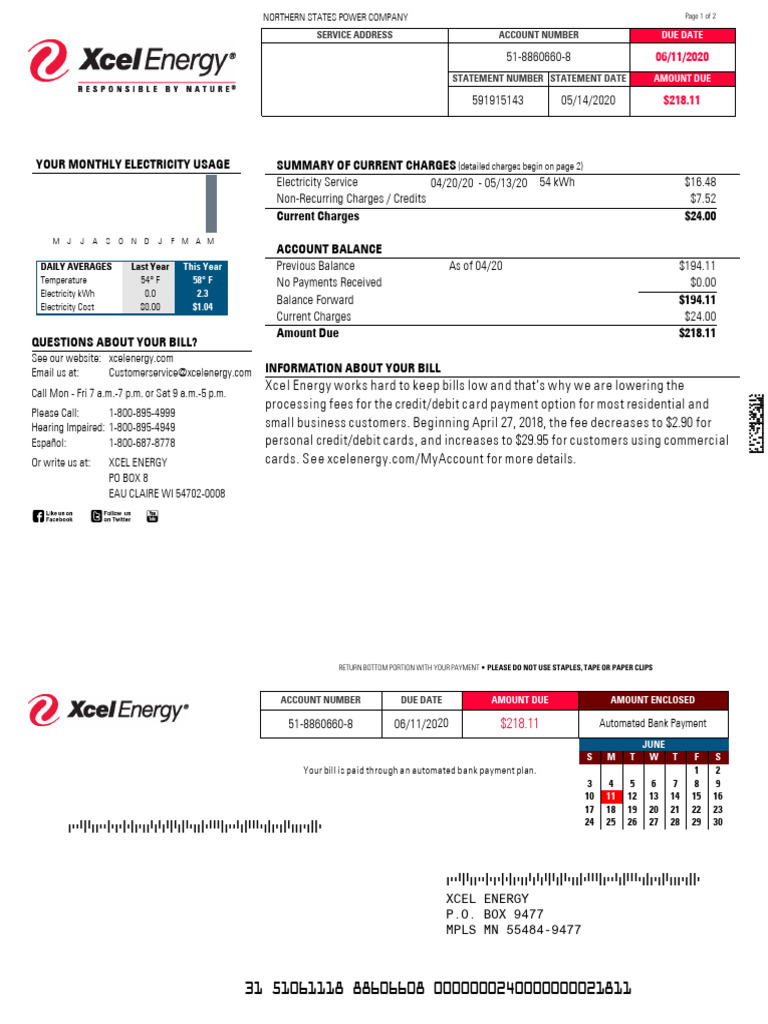 Utility Bills-USA-Xcel Energy Utility Bill-Word&PDF | PDF | Credit Card ...