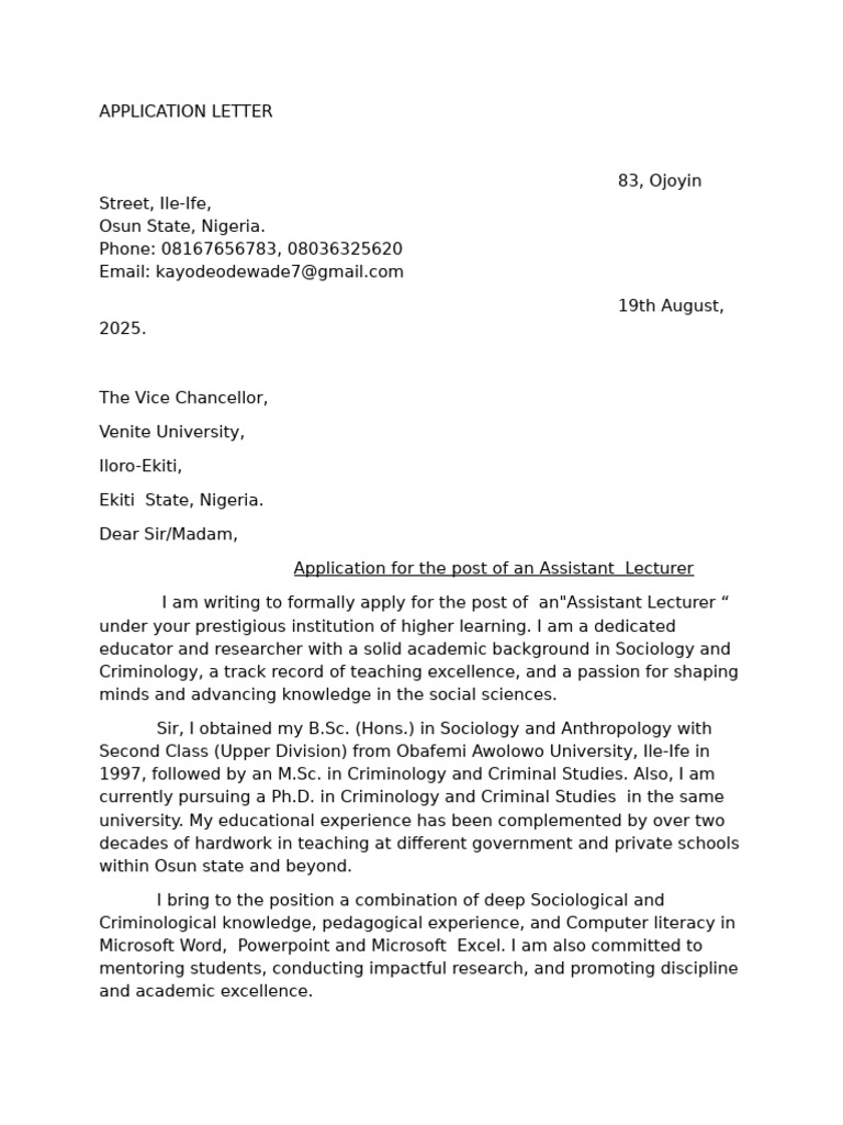 Application Letter or OAU, Ife | PDF | Science