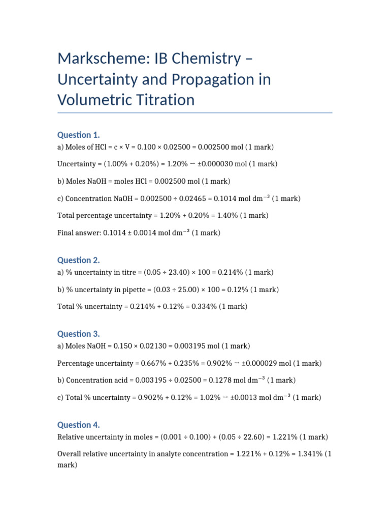 IB Chemistry Titration Uncertainty Markscheme | PDF