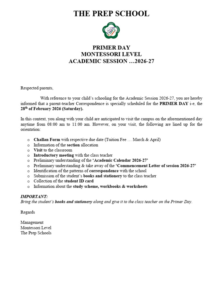1. Primer Day Letter | PDF