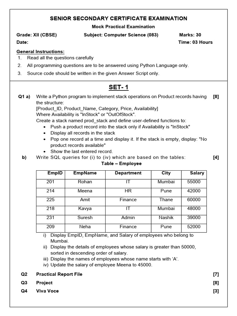 CS XII CBSE Mock Practical Questions-2025-26 | PDF | Sql | Computer ...