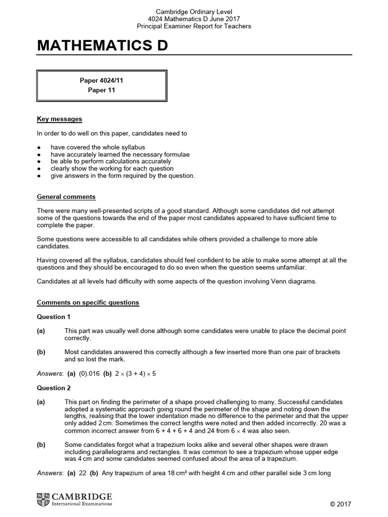 Mathematics D: Paper 4024/11 Paper 11 | PDF | Area | Mathematics