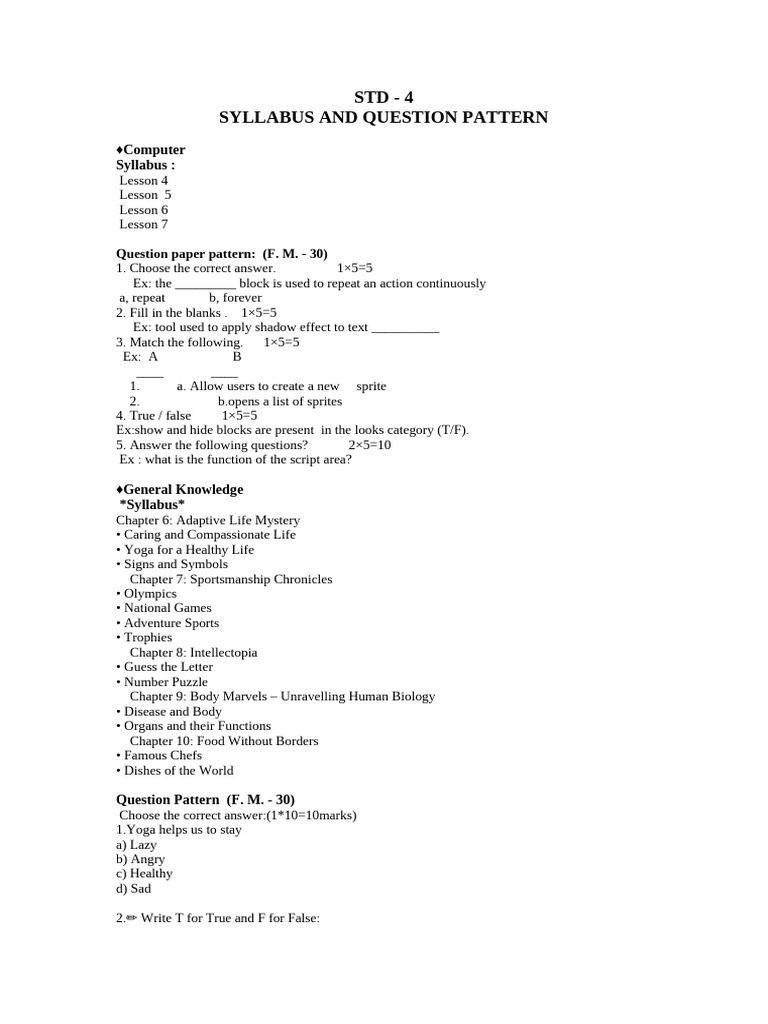STD - 4 Syllabus and Question Pattern | PDF | Language Mechanics | Syntax