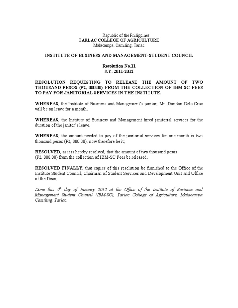 IBM-SC Resolution for Janitorial Funds | PDF | Janitorial Service