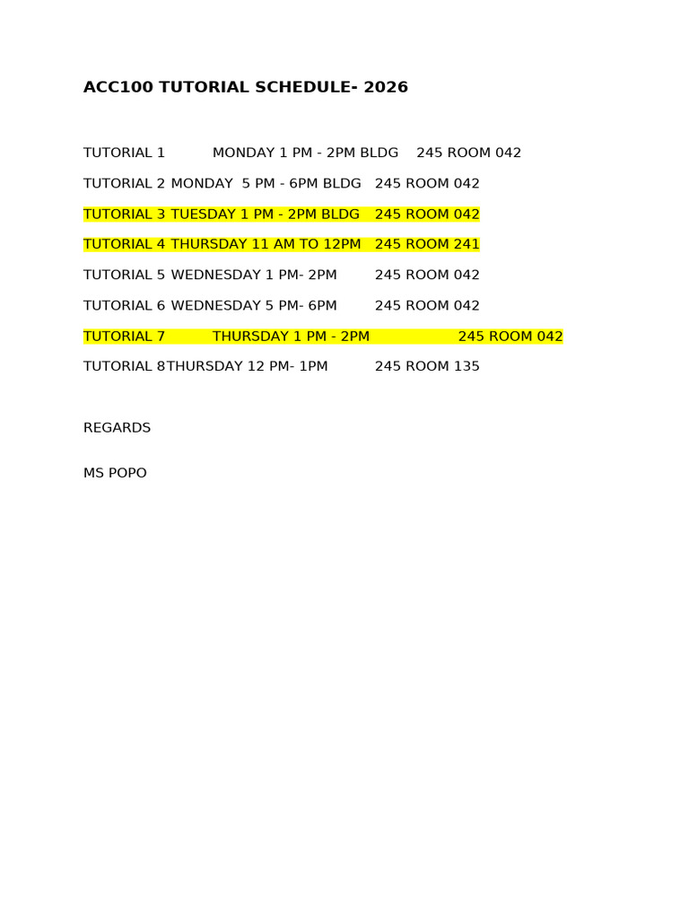 Revised Tutorial Schedule Acc100 2026 | PDF