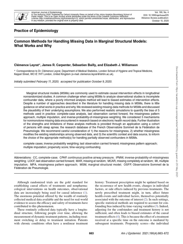 Common Methods For Handling Missing Data in Marginal Structural Models ...