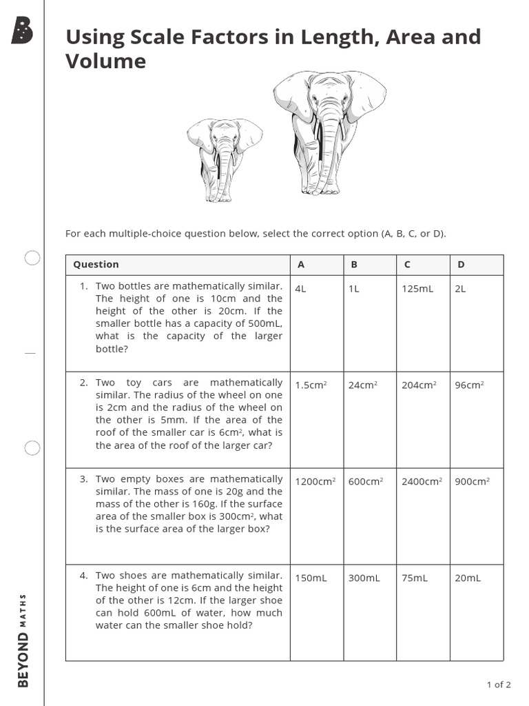 Scale Factors in Length, Area and Volume Multiple Choice Problems | PDF ...