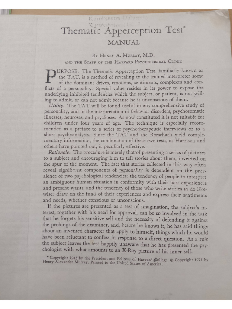 Thematic Apperception Test Manual - TAT | PDF