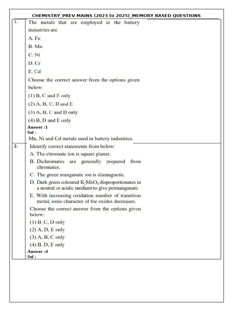 Chemistry (Memory Based Questions) ### | PDF | Chess Theory | Chess ...