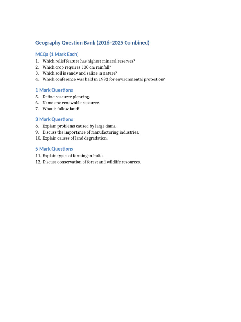 Geography Question Bank 2016 2025 | PDF