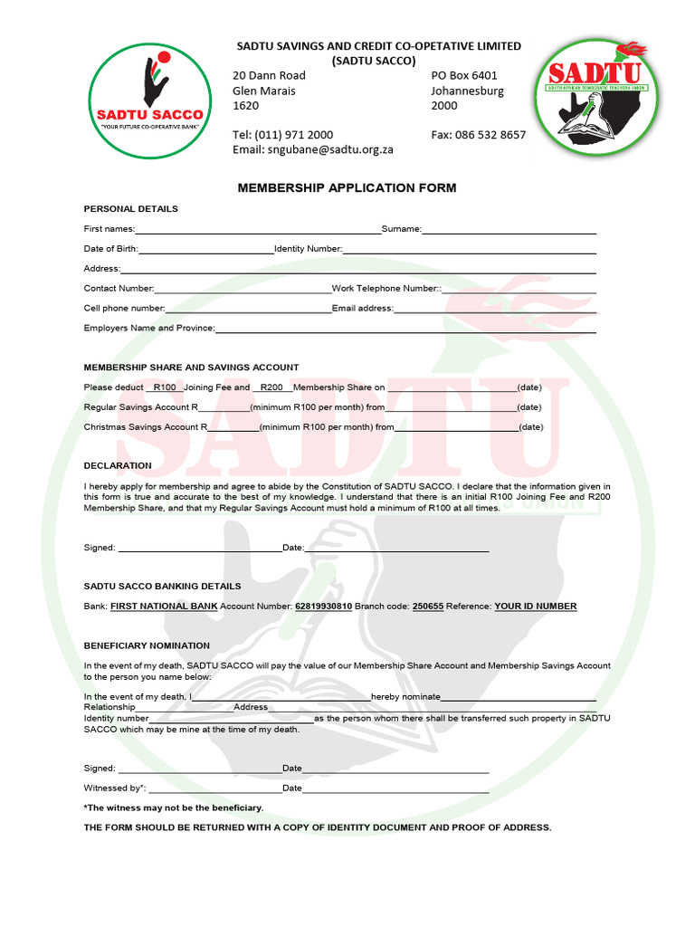 Membership Application Form - Sadtu Sacco - N | PDF | Banks | Financial ...