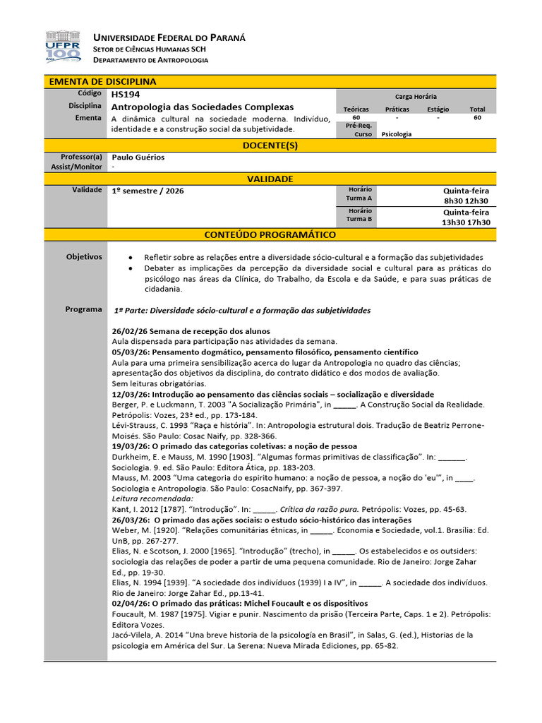 hs194 Psicologia Antr Soc Complexas 2026 1 Paulo | PDF | Antropologia ...