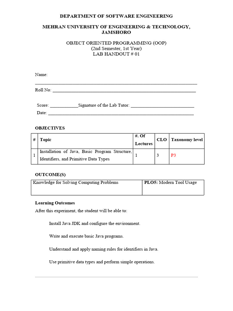 Lab 1 Oop-25bsai | PDF | Java (Programming Language) | Object Oriented ...