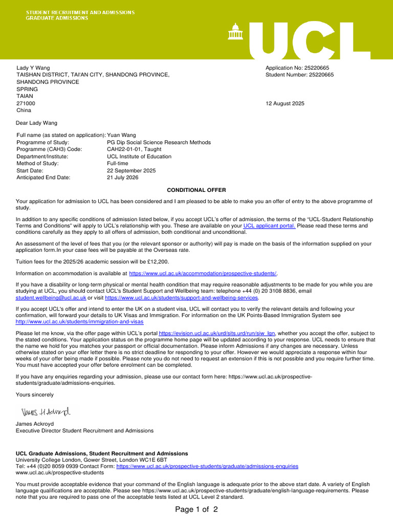 25220665 - Your Offer of Admission From UCL | PDF | University College ...