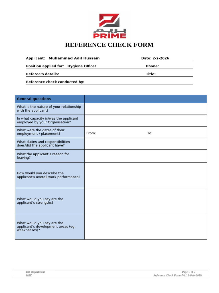 Reference Check Form - Prime Group | PDF