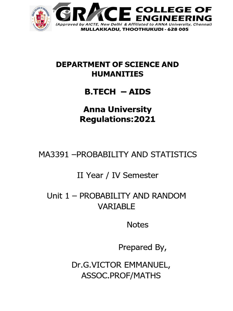 II Aids Ma3391 Ps Unit 1 | PDF | Mathematical Analysis | Statistical ...