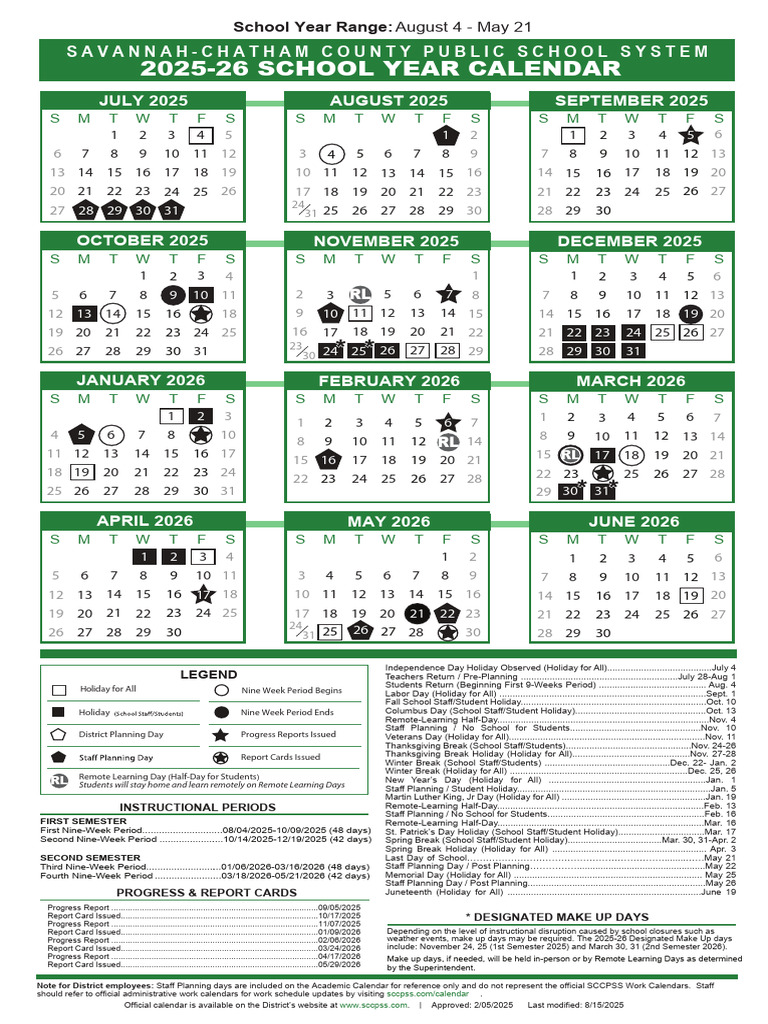 25-26 Sccpss Calendar | PDF | Academic Term | Secular Holidays